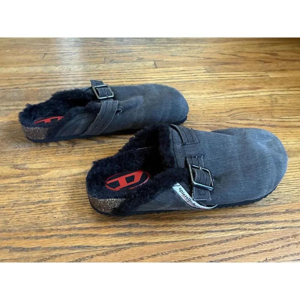 Diesel D-Woodstock X Gray Buckle Faux Fur Lined Clog Slides Shoes  Mens Size 12
